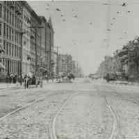 B+W photo of Public Service Railway streetcar rails on Washington Street looking north from Ferry St., Hoboken, Friday, August 22, 1913.