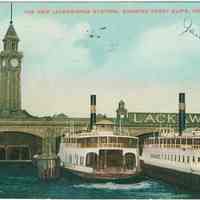 Digital image of postcard of The New Lackawanna Station, showing ferry slips, Hoboken, 1908.