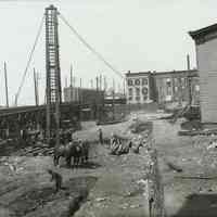 B+W photo of Public Service Railway of streetcars west of the Hudson PlaceTerminal loading platform, Hoboken, no date, ca. 1909-1910.