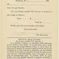 Blank printed form notice: Fraternity Lodge No. 112, I.O.O.F. (International Order of Odd Fellows), Hoboken, from the 1920