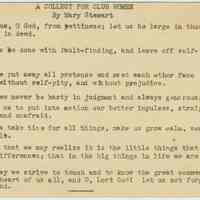 Mimeographed notecard with prayer/poem "A Collect for Club Women" by Mary Stewart. No date.