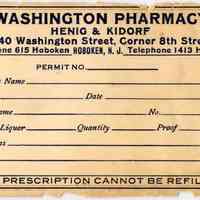 Blank printed container labels for liquor from Washington Pharmacy, 740 Washington Street, Hoboken, no date, ca. 1920-1933.