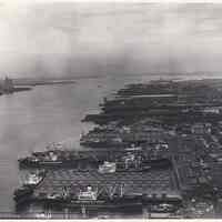 B+W aerial photo of Port Authority Piers A, B & C, Hoboken, n.d., ca. 1965-1968.