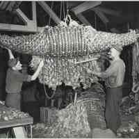 B+W copy photo of two workers weaving rope with fids for a bow fender, Erie Railroad Marine Division, Jersey City, no date, ca. 1952.