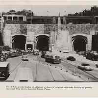 B+W photo of Lincoln Tunnel plaza N.J. portals, Weehawken, n.d., probably 1958.