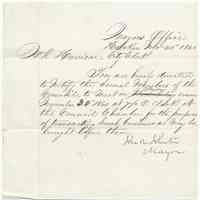 Digital image, document: Note by Mayor John R. Johnson notifying City Clerk to call a Council meeting, Hoboken, November 20, 1860.