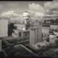 B+W photo of former Maxwell House Coffee plant exterior, overview looking northeast from top of Soluble Building, Hoboken, 2003.