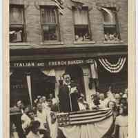 B+W photo of Reverend Fr. Brennan; flag raising ceremony at 122 Willow Ave., Hoboken, Aug. 1942.