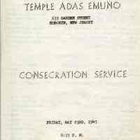 Digital images of program, Consecration Service, Temple Adas Emuno Friday, May 23, 1947.