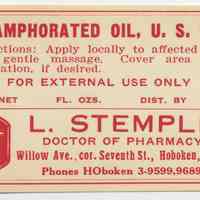 Printed label for medicine container, Camphorated Oil, U.S.P., from Stemple Pharmacy, 266 Seventh St., Hoboken, no date, ca. 1940.