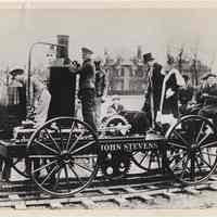 B+W copy photo of locomotive John Stevens on rails at Castle Point, Hoboken, n.d., ca. 1925.