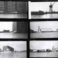 Digital images of B+W contact sheet with six images of the Hoboken waterfront, Hoboken, circa 1987.