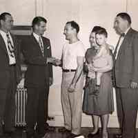 Digital image of b+w photo of Mayor Fred M. DeSapio at the opening of the first veterans housing in Hoboken, Hoboken, no date, ca. 1947-51.