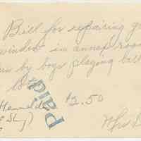 Bill for repairing window at First Church of Christ, Scientist, 829 Bloomfield St., Hoboken, 1949.