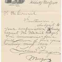 Digital image, document: Letter by Mayor Lawrence Fagan to City Council re appointment of a fire commissioner, Hoboken, May 24, 189[9].