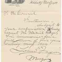 Digital image, document: Letter by Mayor Lawrence Fagan to City Council re appointment of a fire commissioner, Hoboken, May 24, 189[9].