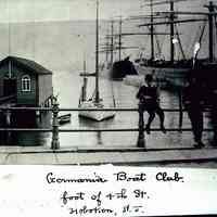 B+W photo of the Germania Boat Club at the foot of 4th St. & the Hudson River, ca. 1880-1890.