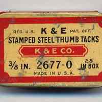 Tin: K&E Stamped Steel Thumb Tacks, 2677-0, 3/8 in., 25 in box. Made by Keuffel & Esser Co., n.d., ca. 1936 to 1943.