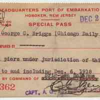 Pass to Port of Embarkation, all piers, Hoboken, N.J., issued Dec. 2, 1918 to George C. Briggs.