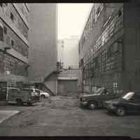 B+W photo of former Maxwell House Coffee plant exterior, between Manufacturing Building & Extraction Building, Hoboken, 2003.