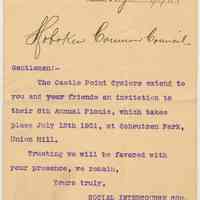 Invitation of June 18, 1901 to Hoboken Common Council from the Castle Point Cyclers to their 6th Annual Picnic.