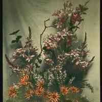 Lantern slide, color, of a floral arrangement in basket, used for promotional display in Hoboken, no date, ca. 1920.