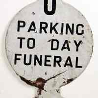 Painted metal vertical arrow sign "No Parking To Day Funeral P.D.," ca. 1930. w/o stand.