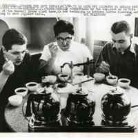 B+W photo of 3 Maxwell House Coffee plant taste testers at work, Hoboken, April 4, 1964.