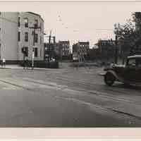 B+W photo of trolley car 2747, Greenville Line, near Journal Square, last day of service, Jersey City, Aug. 6, 1949.