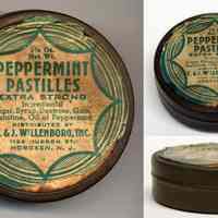 Tin: Peppermint Pastilles. Distributed by C. & J. Willenborg, Inc., 1126 Hudson St., Hoboken, N.J. N.d., ca. 1930-1950.