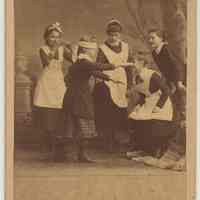 Carte-de-visite of 5 girls playing game, blind man