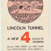 Lincoln Tunnel. A New 4 Minute Crossing. Issued by Port of N.Y. Authority, late 1937.