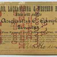 Pass, railroad: D.L. & W.R.R., issued to Hon. Augustus C. Canfield, Senator, for free passage until Dec. 31, 1878, on Morris & Essex Div. & Warren R.R.