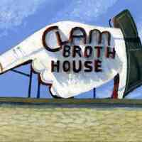 Digital image of painting "Clam Broth House Sign, Corner of Newark and River Streets" by Frank Hanavan, Hoboken, painted 2003.