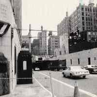 B+W photo of Holland Tunnel N.Y. entry portal with Holland bust & bunting for 50th anniversary, Nov. 11, 1977.