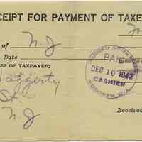Receipt for Payment of Taxes, Treasury Department, Internal Revenue Service, issued to Christine Haggerty, 108 7th St., Hoboken, N.J. for cash payment of $99.14 on Dec. 10, 1943.