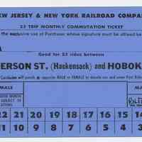 Ticket: New Jersey & New York R.R. Monthly Commutation; Anderson Street (Hackensack) & Hoboken. Unissued. N.d., ca. 1967.