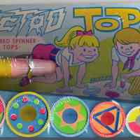 Toy: Lectro Tops. Battery Powered Spinner, Six Mod Tops. Made by Clinton Toy Corp., Hoboken, N.J. Ca. 1969-1975.
