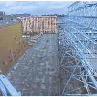 Color photo of back of Maxwell House Coffee sign support structure & rooftop, Hoboken, n.d., ca. 2000.