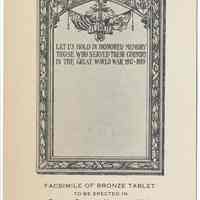 Souvenir card: Facsimile of Bronze Tablet..erected in Trinity Church, Hoboken, in Honor...Who Served in the War. N.d., ca. 1919-1920.