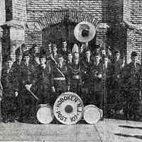Digital image of printed b+w photo of American Legion Post 107 (Hoboken) Drum & Bugle Corp outside, Hoboken, no date, ca. 1942-46.