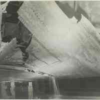 B+W photo of exterior view of damaged hull plates near keel on unidentified vessel at the Bethlehem Steel Shipyard, Hoboken Division, no date, ca. 19