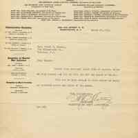 TLS to Mrs. Frank P. Markey (Mary H. Markey) re Admiral Benson Club, Hoboken, March 25, 1919.