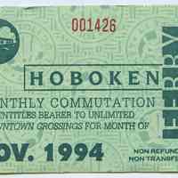 Ticket, transportation: N.Y. Waterway Monthly Ferry Commutation ticket, Hoboken, Nov. 1994.