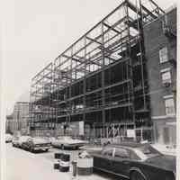 B+W photo of steel framework erected for the north wing of Saint Mary Hospital, Hoboken, Sept. 1976.