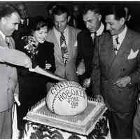 B+W photo of cake cutting ceremony for Baseball Centennial Celebration, Hoboken, June 19, 1946.