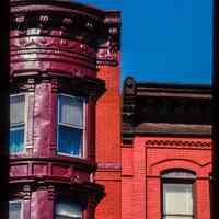 Color slide of detail view of cornices, bay windows and gauged arches at 1034 and 1036 Washington on the SW corner with 11th