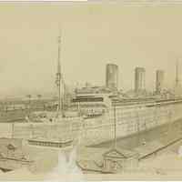 Sepia-tone photo of the "Leviathan" docked at the Hoboken piers, Hoboken, September 20, 1920.