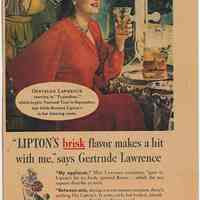 Ad: Lipton Tea. Gertrude Lawrence endorsement. Copyright 1946.