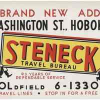 Bus advertisement sign: Steneck Travel Agency, Hoboken, circa 1962.